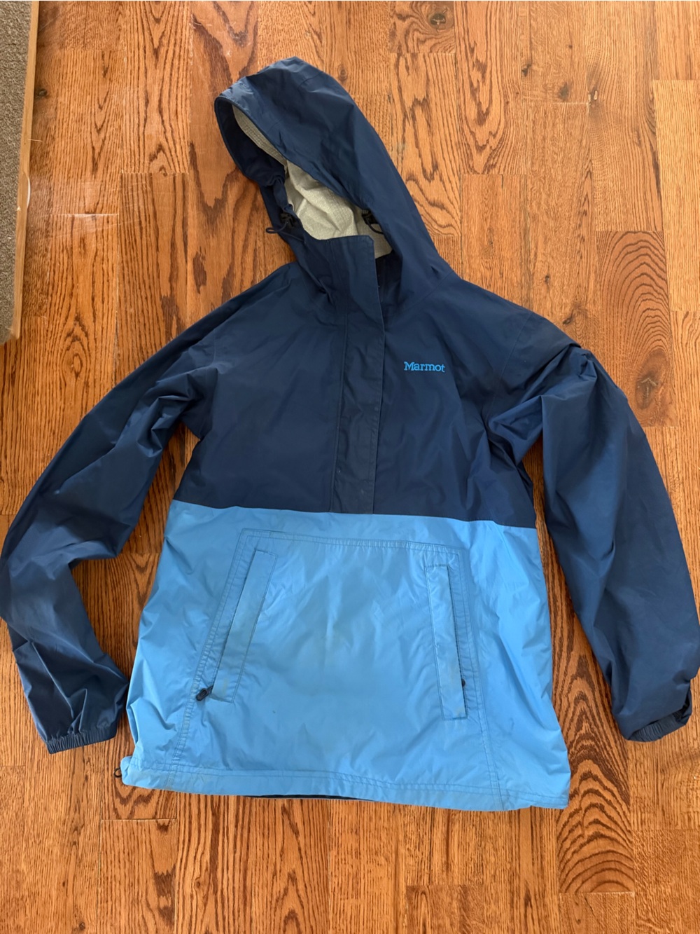 Marmot Two-Tone Navy and Light Blue Hooded Rain Jacket